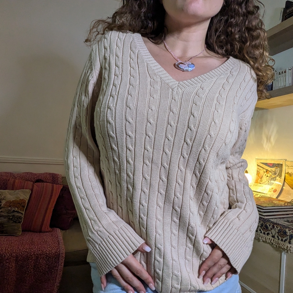 Addition Elle V-Neck Cable Knit Sweater - Beige